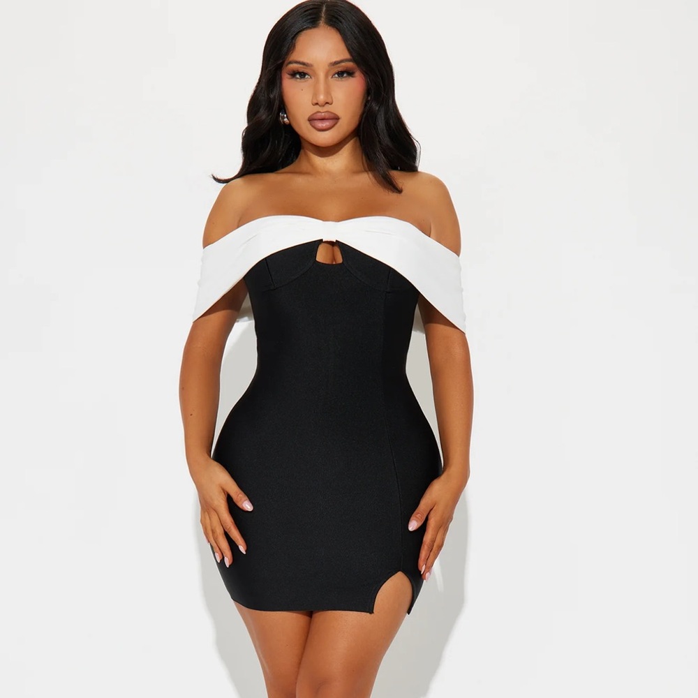 Elegant Black and White Off-Shoulder Dress